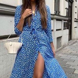Zara Marilyn Long Printed polka dot blue and white maxi button up Dress